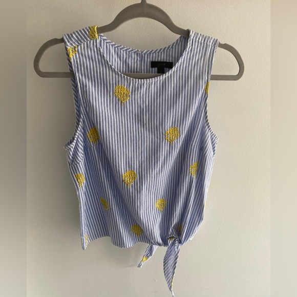 J. Crew blue striped, size 4, yellow pineapple embroidered, side tie tank. - Picture 4 of 13